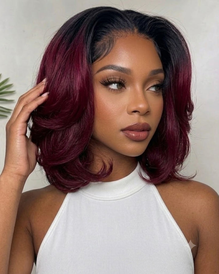 eullair Ombre Dark 99J  Burgundy Bob Wig Soft Layered 13x4 Lace Frontal Glueless Wig