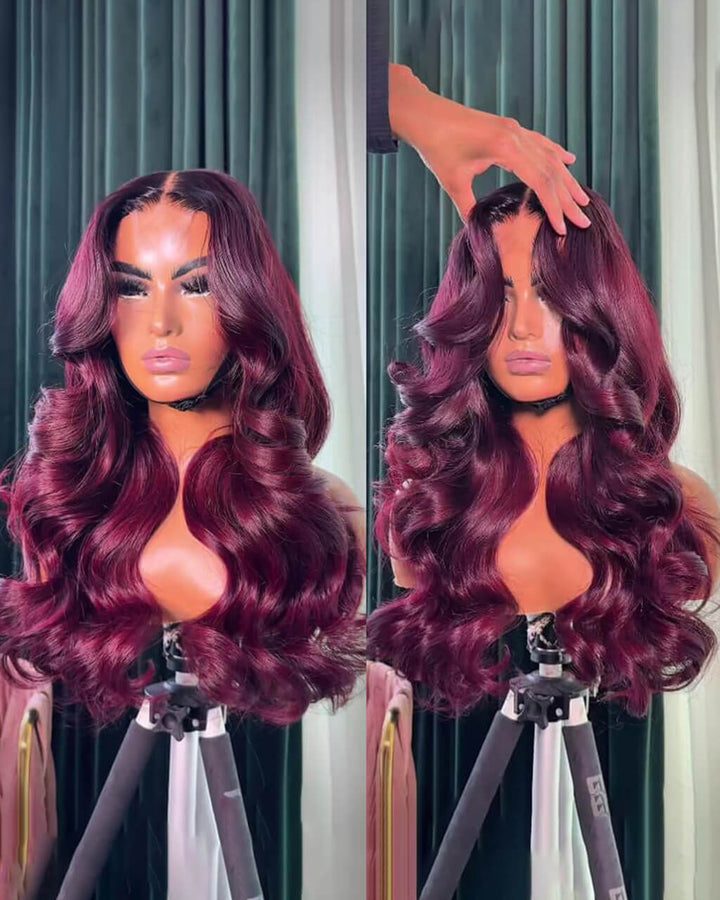eullair Ombre 1b Roots Dark Burgundy Body Wave Curtain Bangs Wig Glueless Human Hair Lace Frontal Wig