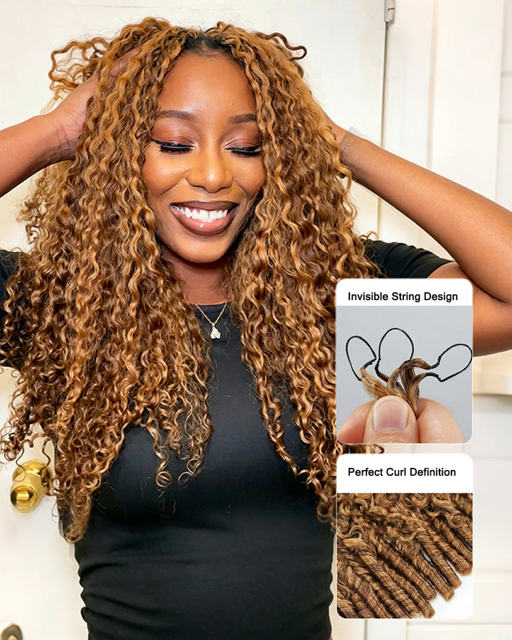 eullair 100% Human Hair Burmese Curly #4/27 Highlight Brown Crochet Hair For for Boho Braids Pre-Separated Time-Saving Design