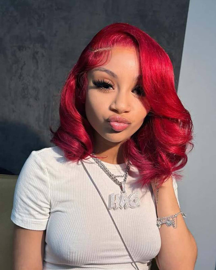 eullair $99 Short Styled Layered Cut Red Wavy BOB Wigs 13x4 Lace Frontal Human Hair Wig For Women