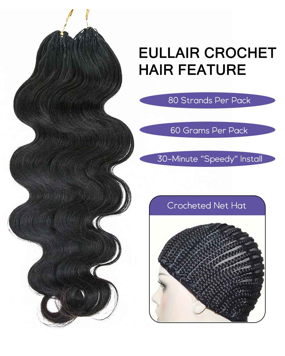 eullair Body Wave Crochet Hair - 60g Pack (50 Strands) for Extra Volume