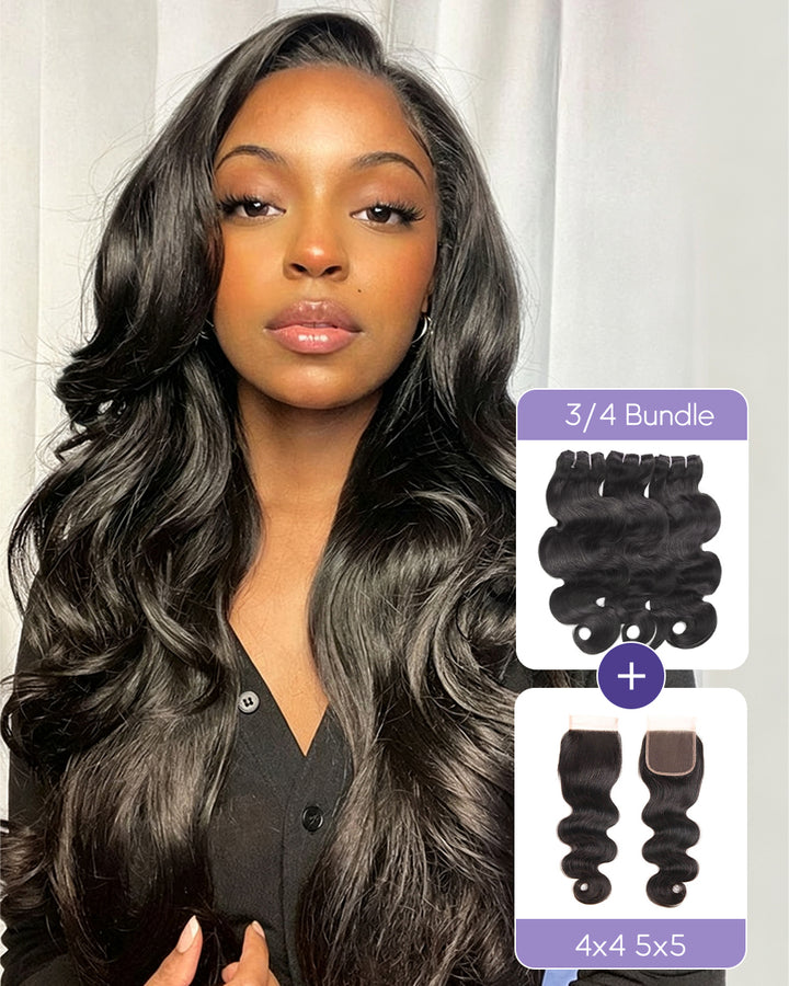 eullair Raw Body Wave Bundles with Closure & Frontal 3/4 Bundles Human Virgin Hair Deals with 4x4/ 5x5/ 13x4 Closure/Frontal
