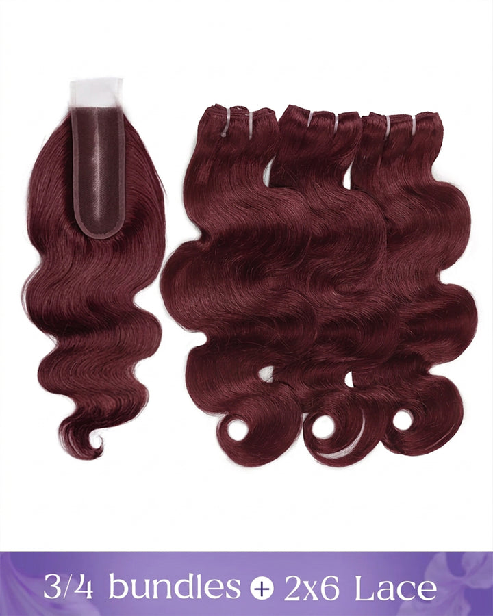 eullair 99J Burgundy Red Raw Hair Body Wave 3 Bundles with 2x6 Closure 100% Human Hair Bundles