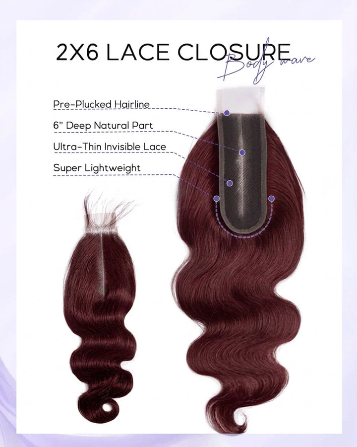 eullair 99J Burgundy Red Raw Hair Body Wave 3 Bundles with 2x6 Closure 100% Human Hair Bundles