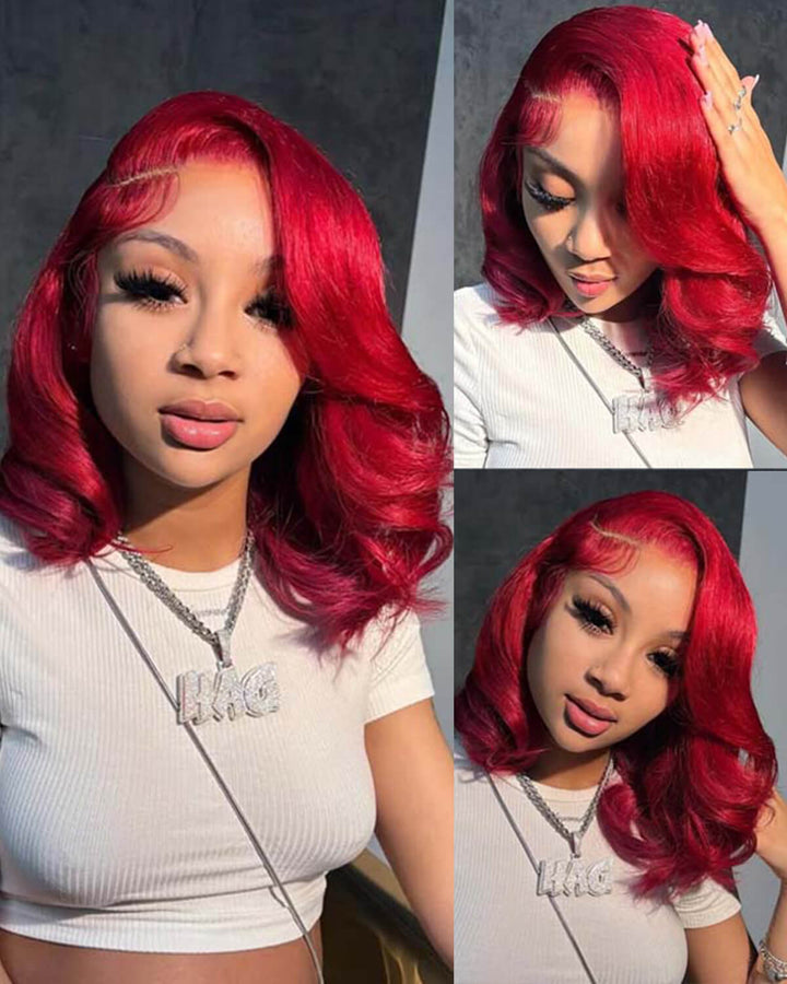 eullair $99 Short Styled Layered Cut Red Wavy BOB Wigs 13x4 Lace Frontal Human Hair Wig For Women