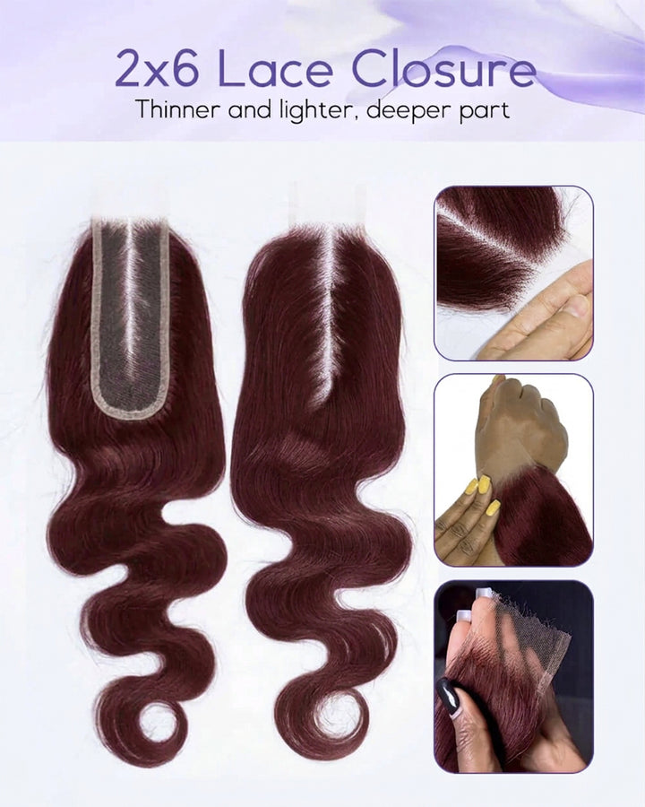 eullair 99J Burgundy Red Raw Hair Body Wave 3 Bundles with 2x6 Closure 100% Human Hair Bundles