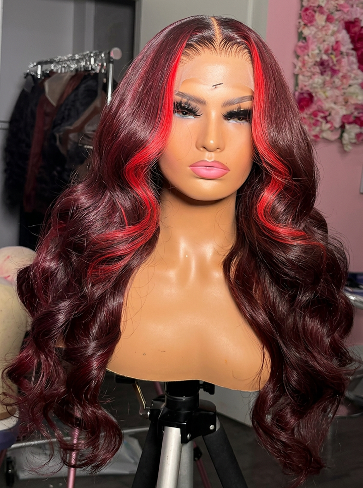 eullair Burgundy with Red Highlight Body Wave Wig Lace Frontal Human Hair Wig Transparent Lace