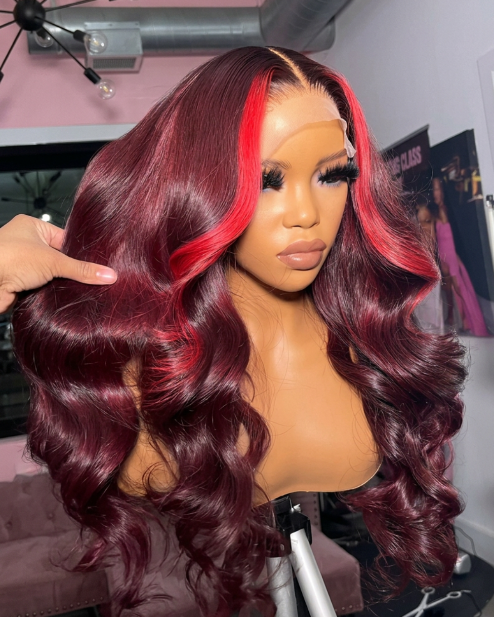 eullair Burgundy with Red Highlight Body Wave Wig Lace Frontal Human Hair Wig Transparent Lace