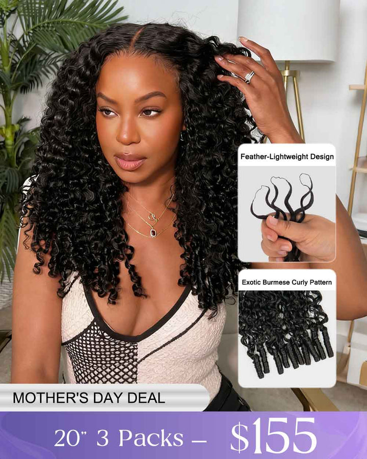 eullair Burmese Curly Hair - Lightweight 100% Human Hair Crochet Extensions