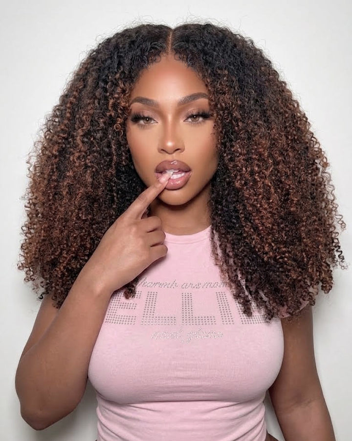 eullair Chocolate Brown Highlight 4C Edge Kinky Curly 360 Lace/13x4 Frontal Wigs Invisi Strap Snug Fit, Pre-Laid Flat