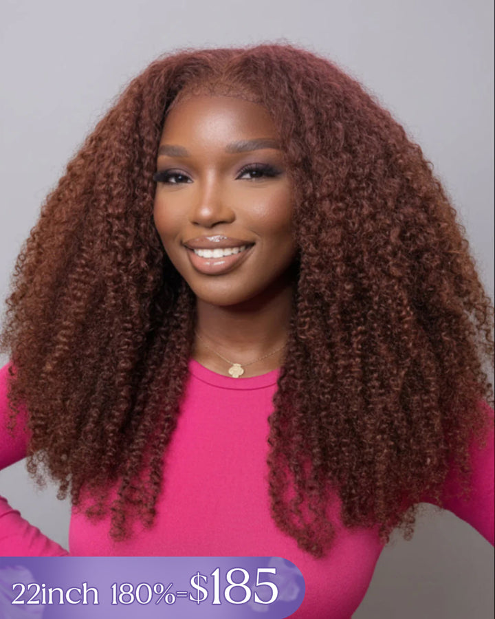 eullair Ginger Reddish Brown 4C Kinky Curly 360 Lace Wig - Invisi Strap Snug Fit, Pre-Laid Flat