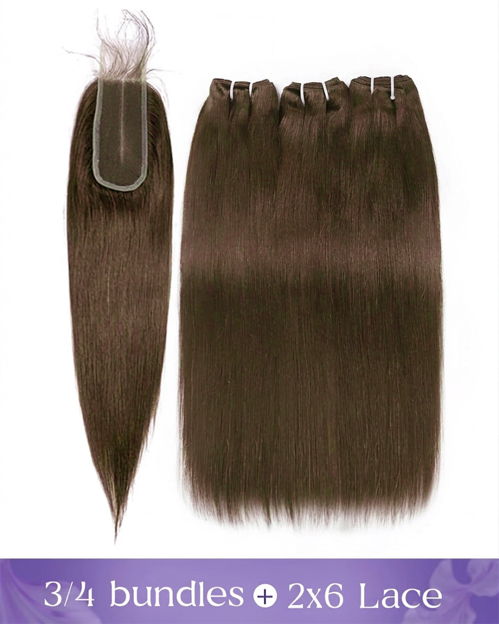 eullair #4 Brown Color Raw Hair Straight 3 Bundles with 2x6 Closure 100% Human Hair Bundles