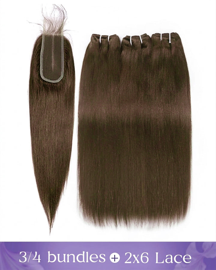 eullair #4 Brown Color Raw Hair Straight 3 Bundles with 2x6 Closure 100% Human Hair Bundles