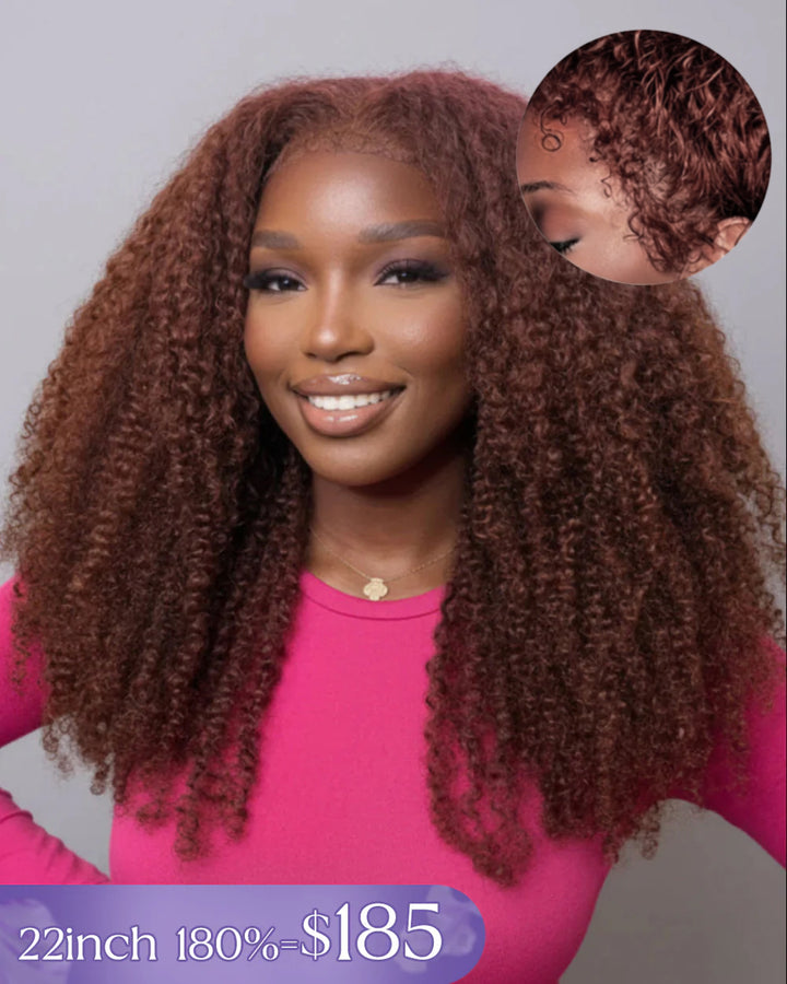 eullair Ginger Reddish Brown 4C Kinky Curly 360 Lace Wig - Invisi Strap Snug Fit, Pre-Laid Flat