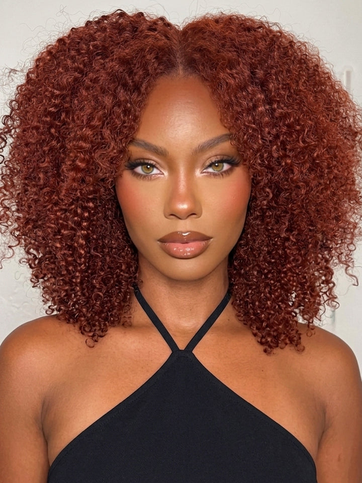 eullair #33 Reddish Brown Burmese Curly V Part Human Hair Wig | No Leave Out