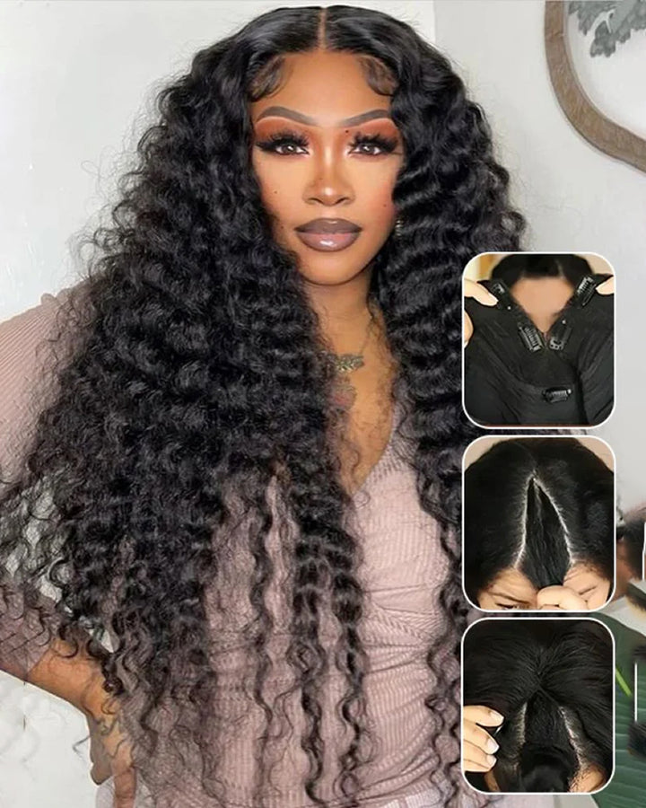 eullair Deep Wave V Part Wig With Elastic Drawstring Human Hair Wig Beginner Friendly No Leave Out No Gel