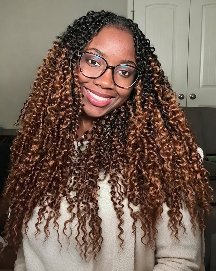 eullair T1B/30 Burmese Curly Crochet Hai 100% Human Hair r-Ombre Brown Boho Braids, Pre-Separated, Time-Saving