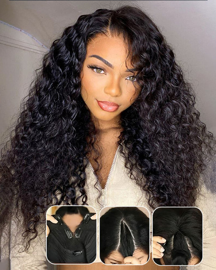 eullair Water Wave V Part Wig With Elastic Drawstring Human Hair Wig Beginner Friendly No Leave Out No Gel