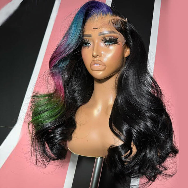 eullair Multi Colored Lace Front Wig Body Wave Human Hair Blue With Orange Green Highlight Lace Frontal Wigs For Women Pre Plucked 180%