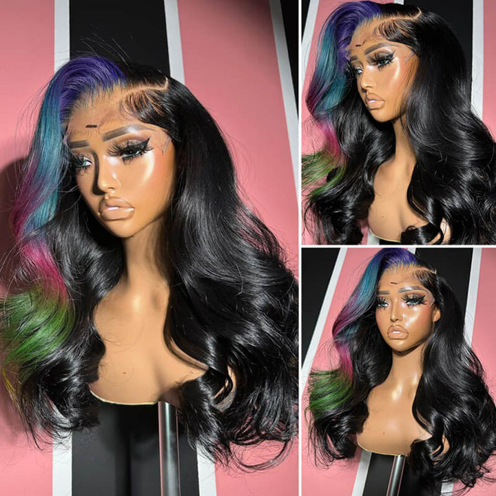 eullair Multi Colored Lace Front Wig Body Wave Human Hair Blue With Orange Green Highlight Lace Frontal Wigs For Women Pre Plucked 180%