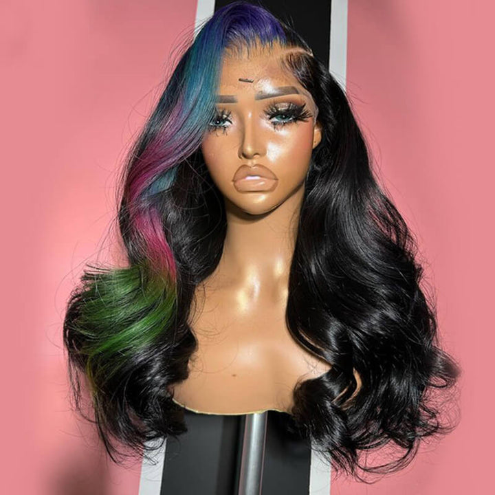 eullair Multi Colored Lace Front Wig Body Wave Human Hair Blue With Orange Green Highlight Lace Frontal Wigs For Women Pre Plucked 180%