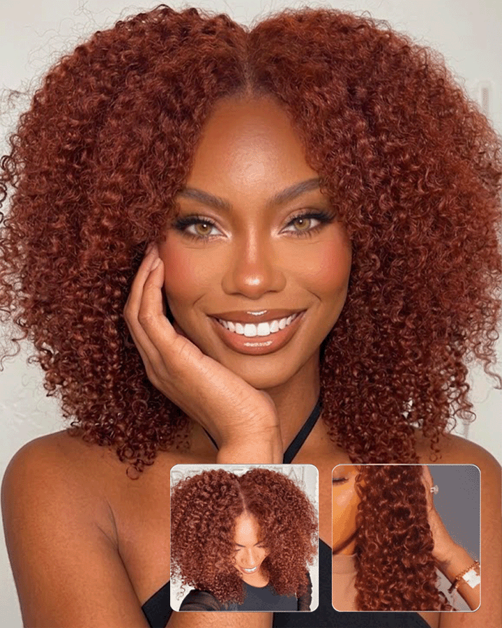 eullair #33 Reddish Brown Burmese Curly V Part Human Hair Wig | No Leave Out