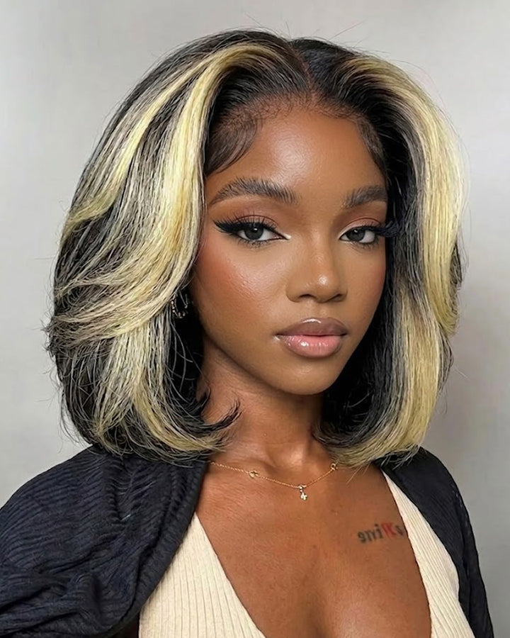 eullair Blonde Highlight Color Layer Bob Wigs Natural 13x4 Lace Frontal Human Hair Wigs 250% Density