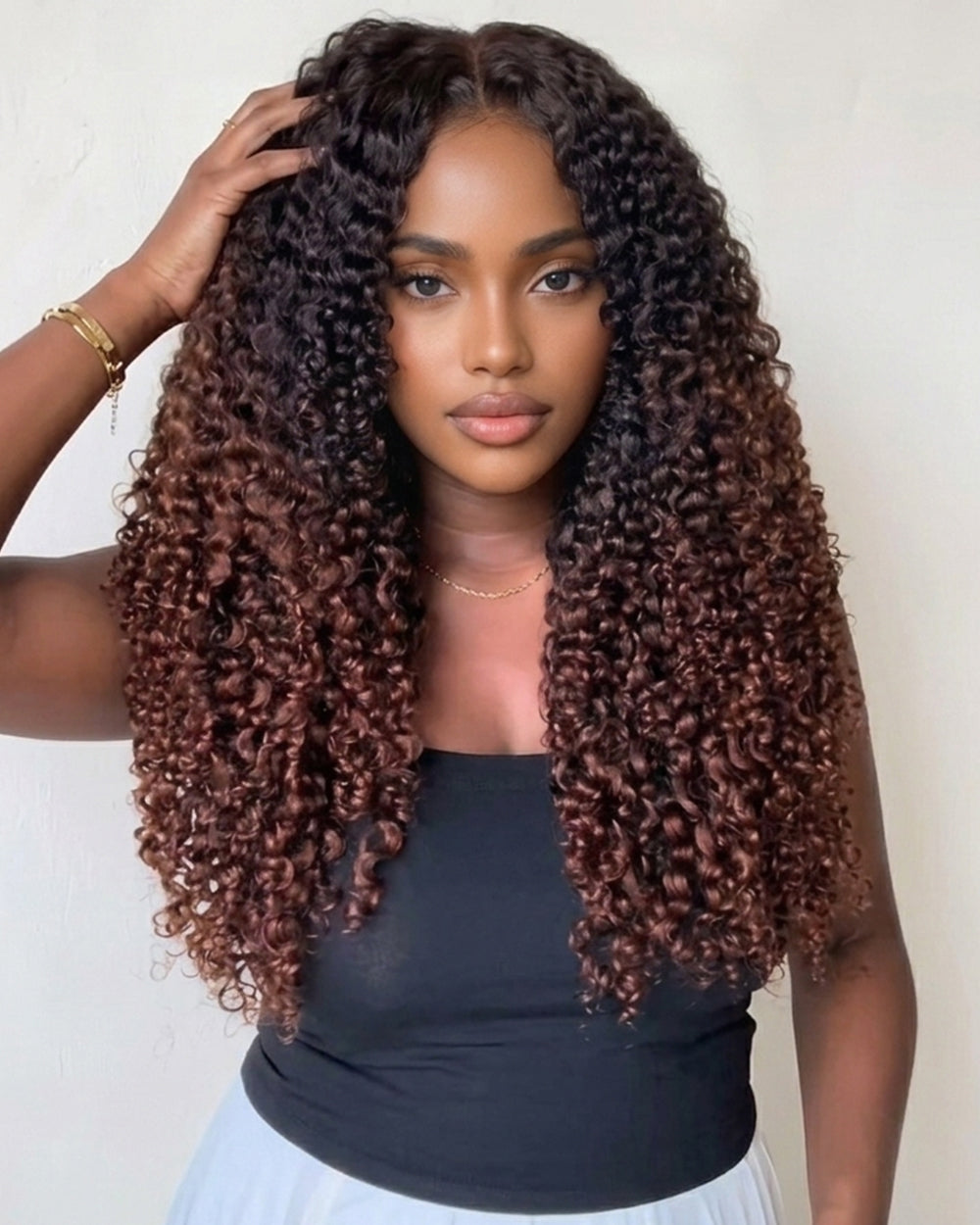 eullair Ombre T1B/#4 Chocolate Brown 13x4 Lace Wig Burmese Curly with Spril Ends Long and Bouncy Wigs250% Density