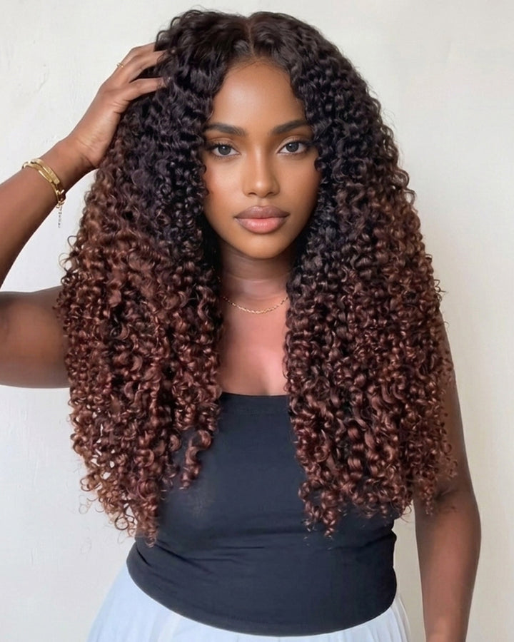 eullair Ombre T1B/#4 Chocolate Brown 13x4 Lace Wig Burmese Curly with Spril Ends Long and Bouncy Wigs250% Density