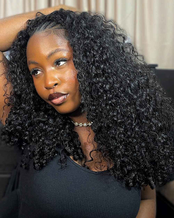eullair No Leave Out Glueless Burmese Curly Human Hair Wig Install V Part Wig With Elastic Drawstring Beginner Friendly