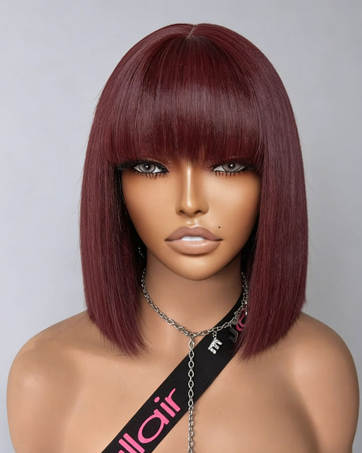 eullair 99J Red Yaki Straight Bob Wig Pre-Bleached Natural Looking Glueless Wig with Invisi Drawstring