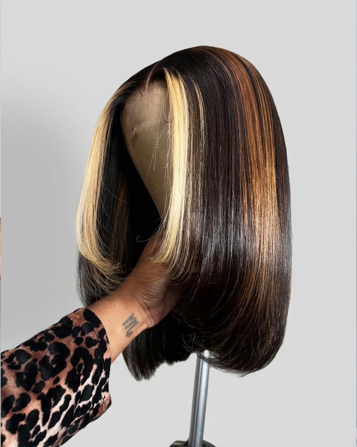 eullair #27 Highlight with Brown Color 2x6 Bob Wig Soft Layered Cut Lace Frontal Glueless Wig