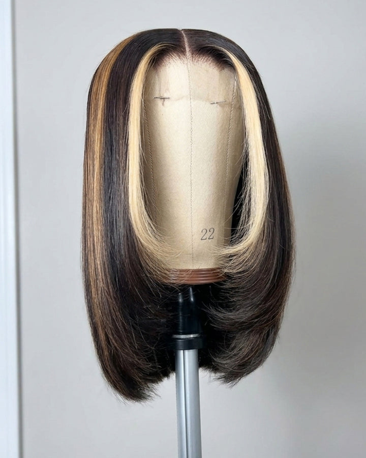 eullair #27 Highlight with Brown Color 2x6 Bob Wig Soft Layered Cut Lace Frontal Glueless Wig