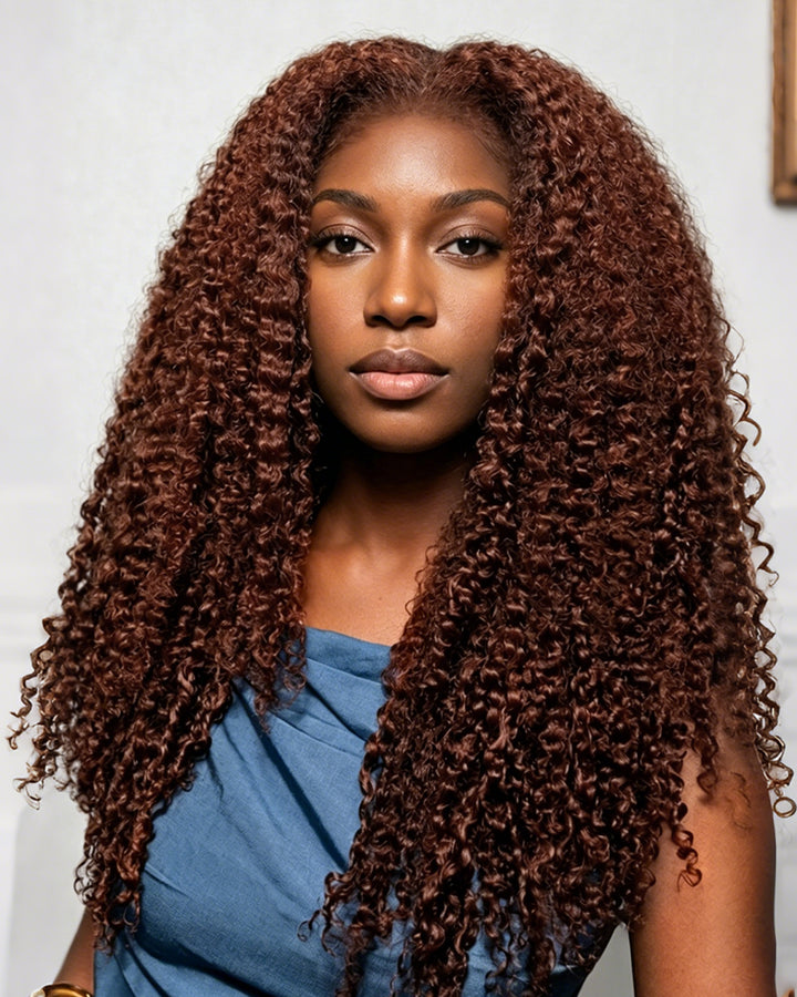 eullair #4 Brown 4C Edge Kinky Curly Lace Frontal & 360 Lace Wig Invisi Strap Snug Fit, Pre-Laid Flat
