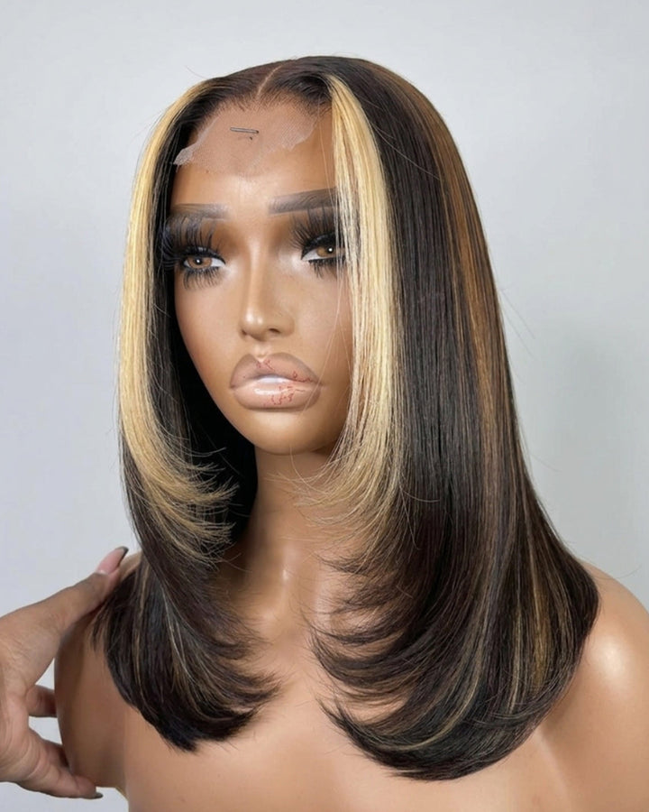 eullair #27 Highlight with Brown Color 2x6 Bob Wig Soft Layered Cut Lace Frontal Glueless Wig