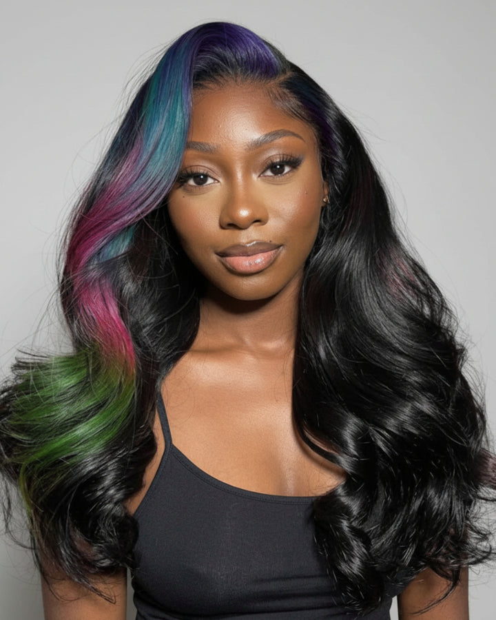 eullair Multi Colored Lace Front Wig Body Wave Human Hair Blue With Orange Green Highlight Lace Frontal Wigs For Women Pre Plucked 180%
