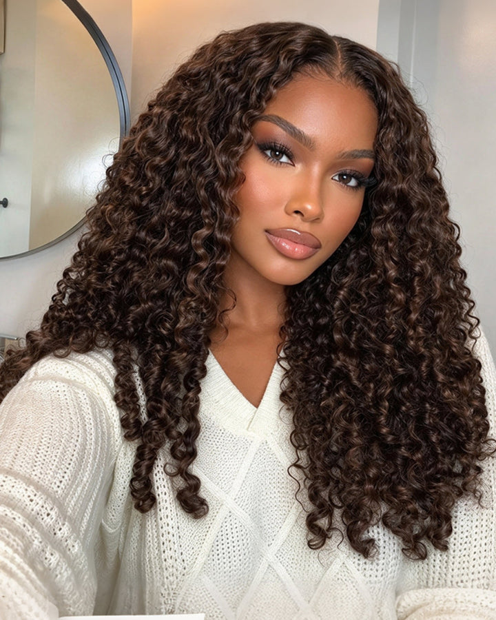eullair #4 Dark Brown Super Double Drawn Wigs 13x6 6X4 13X4 Burmese Curl Glueless Wigs 250% Density Drawstring Wig