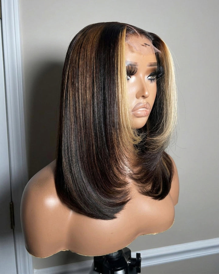 eullair #27 Highlight with Brown Color 2x6 Bob Wig Soft Layered Cut Lace Frontal Glueless Wig