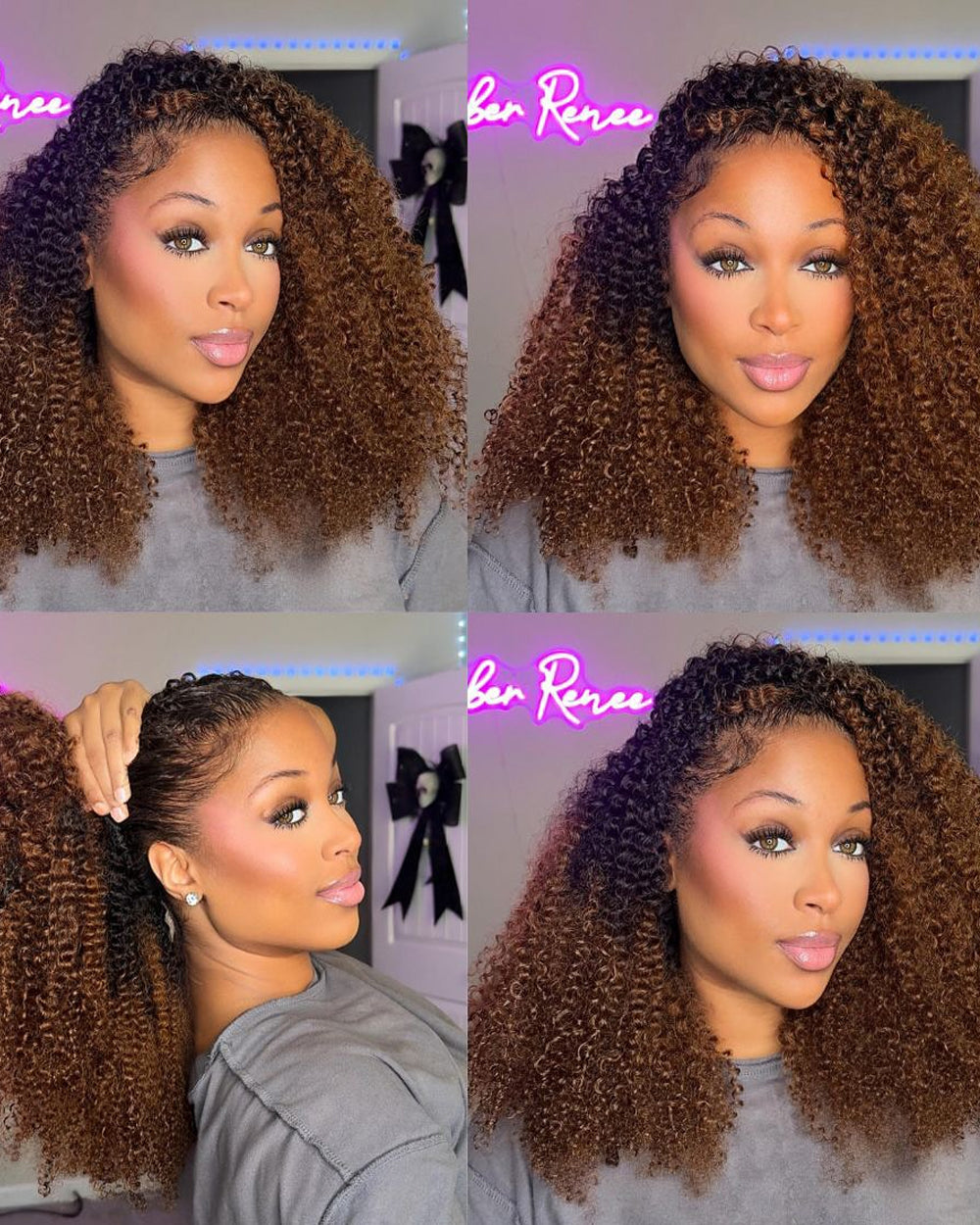 eullair T1B/4 Chocolate Ombre Brown Curly Bob Wig Kinky Texture Soft Fluffy Human Hair Wig