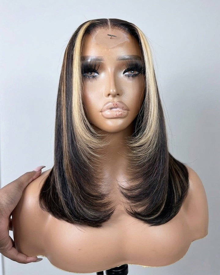 eullair #27 Highlight with Brown Color 2x6 Bob Wig Soft Layered Cut Lace Frontal Glueless Wig
