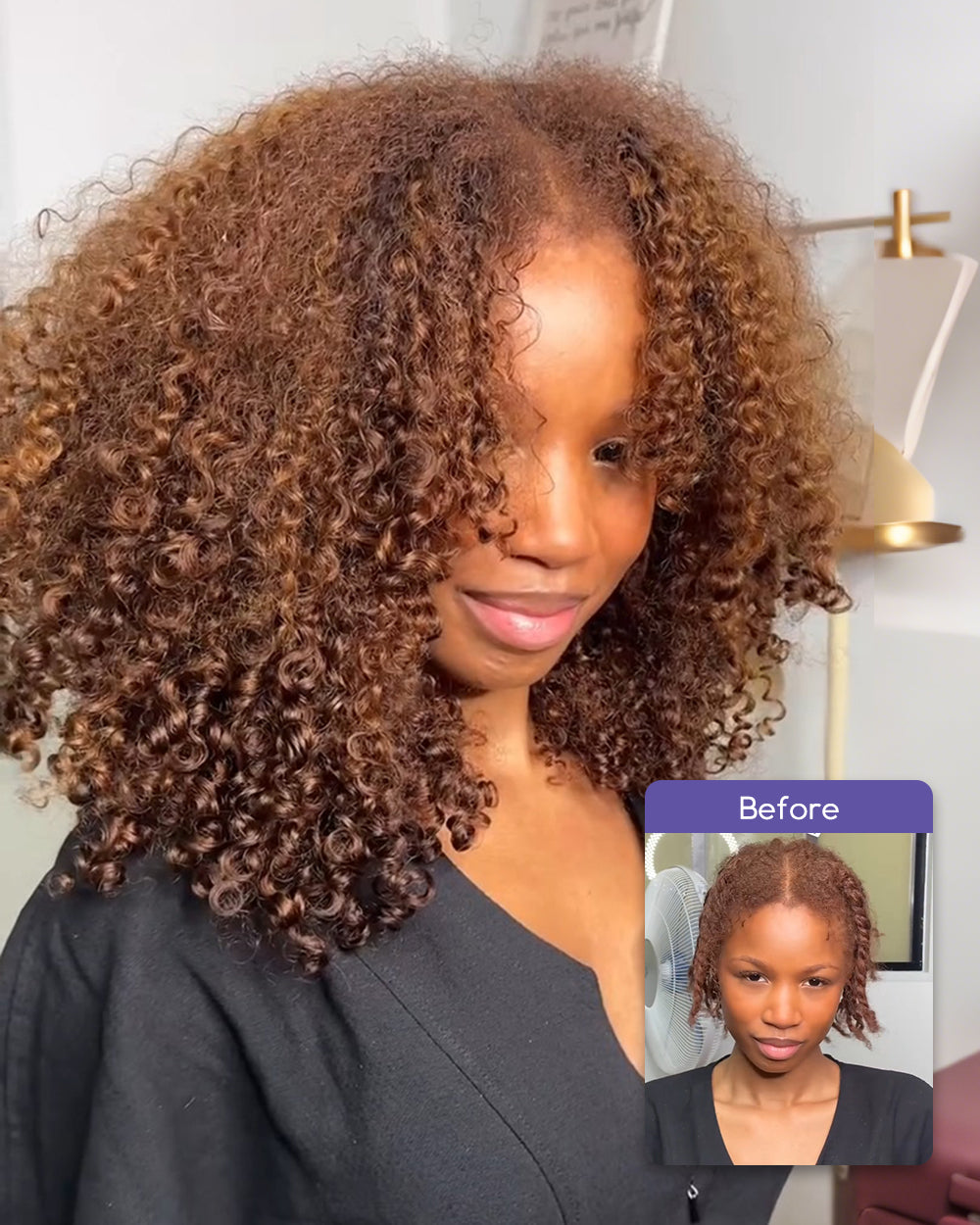 eullair Ginger Curly V Part Wig Soft Full Volume Human Hair Easy Natural Blend