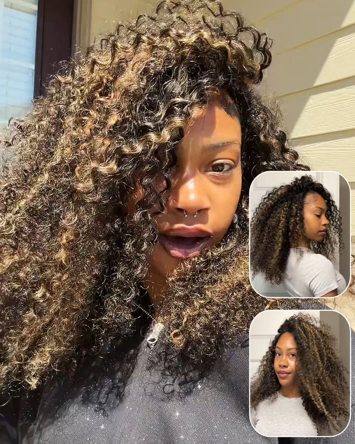 eullair Highlight Curly Drawstring Half Wig 3 in 1 Human Hair Adjustable Natural Blend