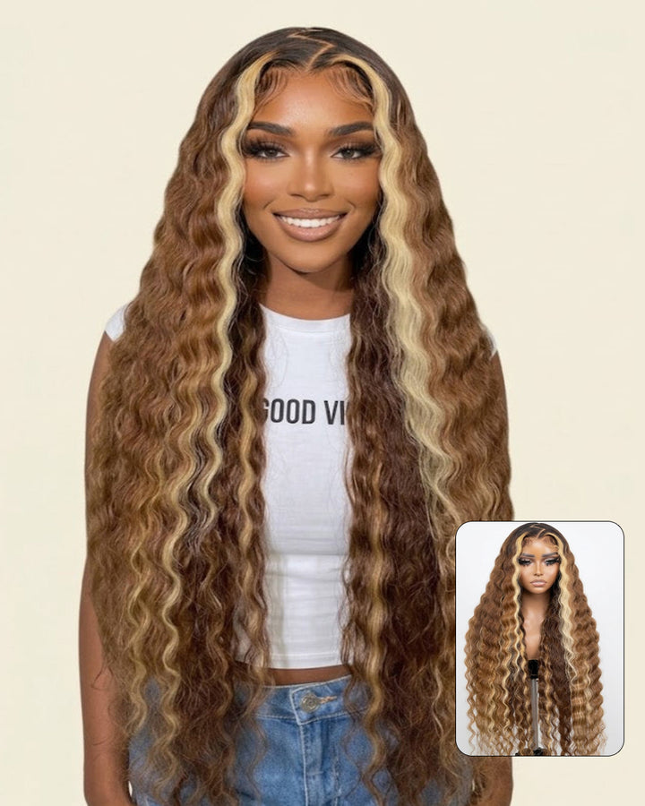 eullair Brown with Blonde Highlight Crimped Wavy Wig With Curling Iron Skunk Stripe Human Hair Lace Frontal Wig