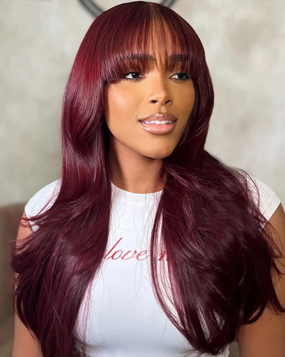 eullair Dark Burgundy Layered Cut Straight with Bangs Glueless Human Hair Lace Frontal Wig For Women