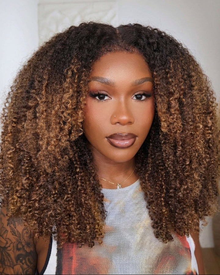 Eullair 360 Lace Wig - Ombre Brown 4C Kinky Curly Hair - Glueless Invisi-Strap Snug Fit & Pre-Plucked Natural Hairline