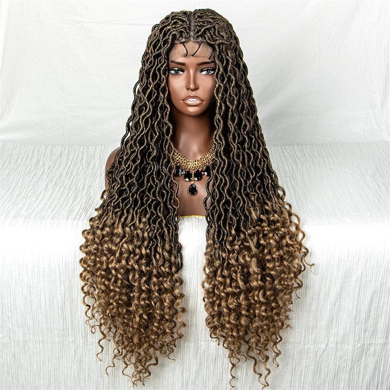Adonia-BB-003 Colorful 34inch Twisted Braids Lace Front Crochet Hair Wigs With Curly Ends Synthetic Crochet Braided Hair Wigs For Women