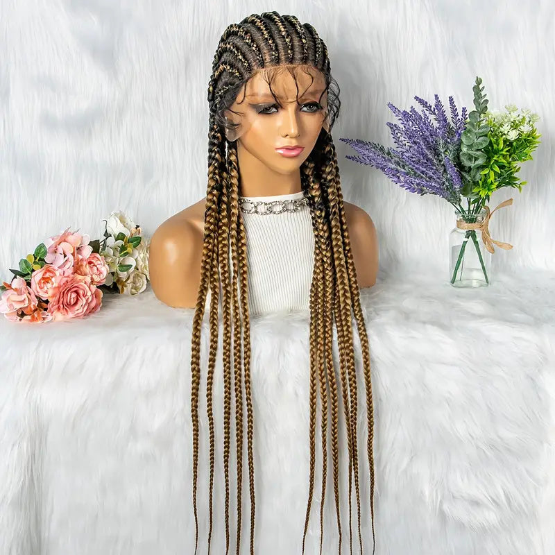 Erica-Super Long 36" Ghana Braided Full Lace Wigs Rough Cornrow Box Braids Wig With Baby Hair For Black Women 11 Twist Synthetic Braid Wigs