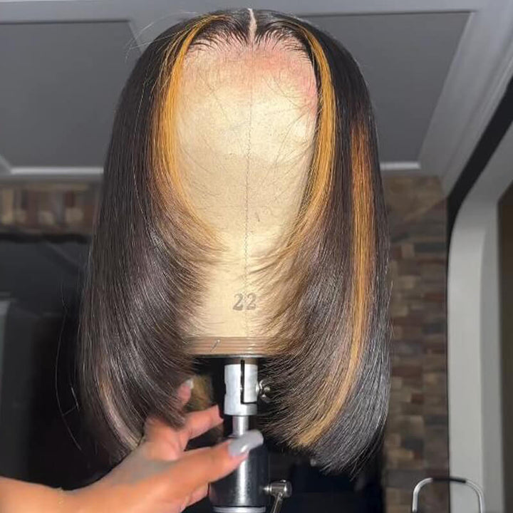 eullair Layered Cut Short Glueless Hunan Hair BOB Brown Highlight Pre Cut 4x4 5x5 Straight Skunk Stripe Wig