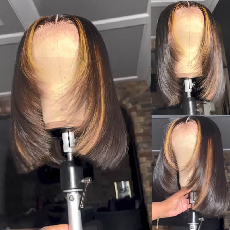 eullair Layered Cut Short Glueless Hunan Hair BOB Brown Highlight Pre Cut 4x4 5x5 Straight Skunk Stripe Wig