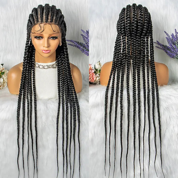 Erica-Super Long 36" Ghana Braided Full Lace Wigs Rough Cornrow Box Braids Wig With Baby Hair For Black Women 11 Twist Synthetic Braid Wigs